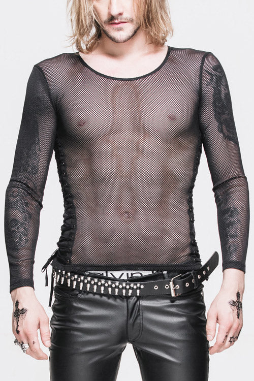Black Diamond Shaped Mesh Round Neck Long Sleeves Mens Punk T-Shirt