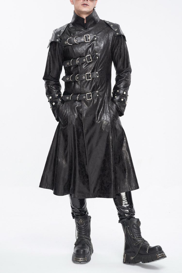 Black Stand Collar Multi Buckle Faux Long Leather Men's Punk Coat