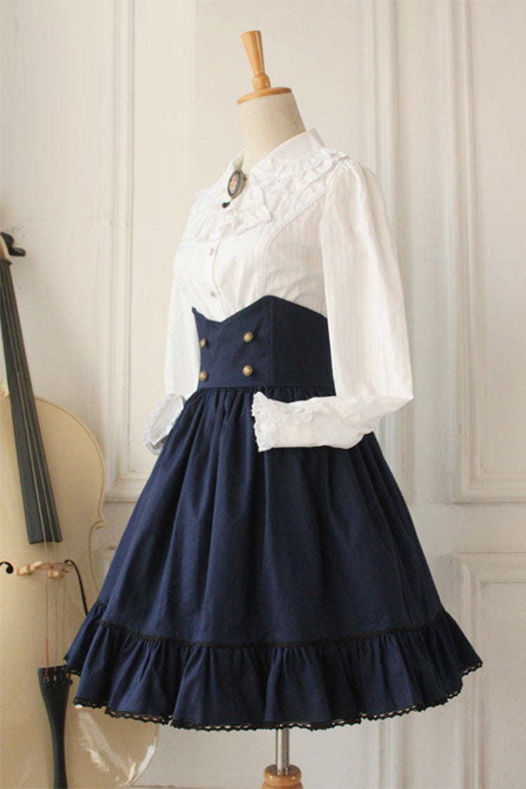 Dark Blue Vintage College Style High Waisted Fishbone Gothic Lolita Skirt Dress