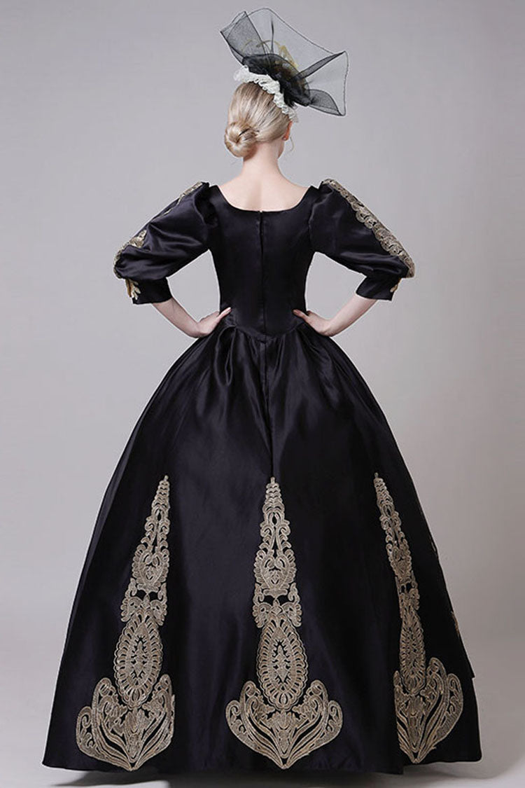 Boat Neck Half Sleeves High Waisted Three Dimensional Golden Floral Hollow Print Victorian Lolita Prom Dress