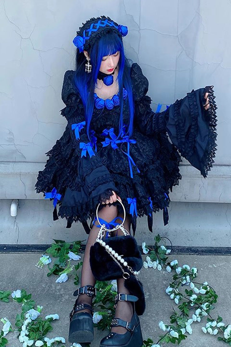 Black/Blue Puff Short Sleeves Princess Gothic Lolita Tiered Dress
