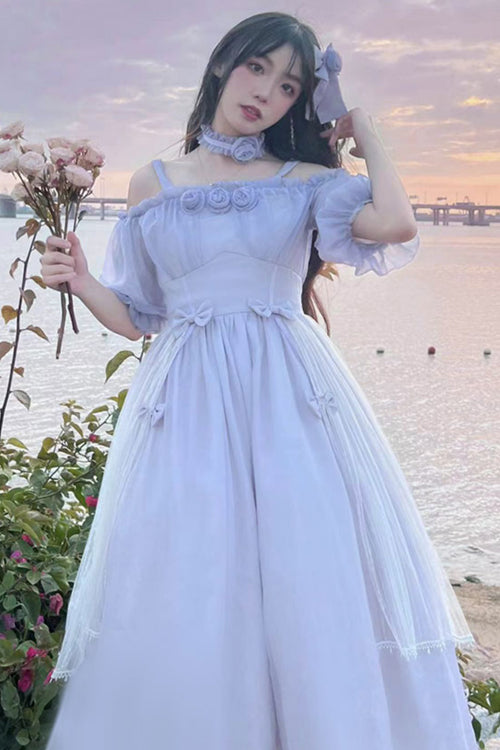 Boat Neck Bubble Short Sleeve Flower Embellished High Waisted Sweet Lolita Dress