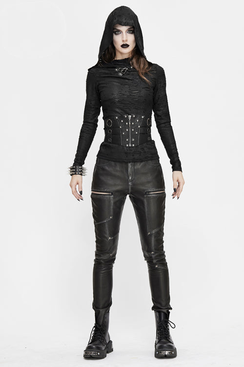 Schwarze Punk Biker Block Shaped Patchwork Hand geriebene Leder Damen Hose