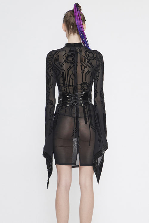 Black Circuit Diagram Flocking Printed Flared Sleeve Womens Gothic Dress