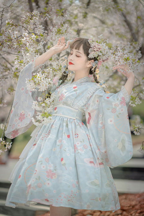Japanese Trumpet Sleeves Lace Ruffled Cherry Blossom Print Sweet Lolita OP Dress