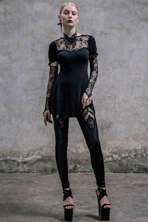 Black Sexy Mid-Length Patterned Lace Modal Women Gothic T-Shirt With Necklace