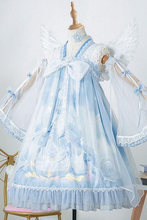 Light Blue Dreamland Chinese Style Bowknot Ruffled High Waisted Sweet Lolita JSK Dress