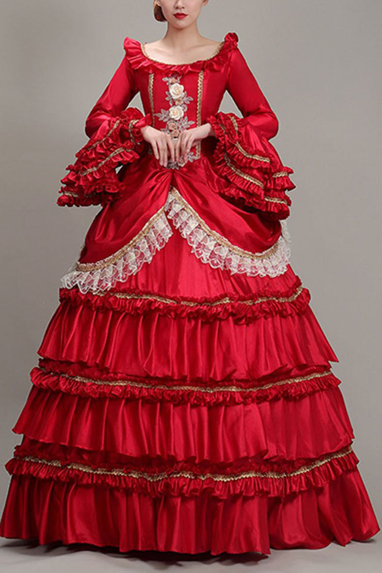 Red Hime Sleeves High Waisted Ruffled Multi-Layer Victorian Lolita Prom Tiered Dress