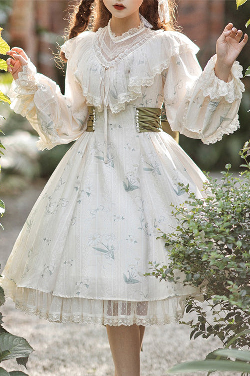 Beige Lace Round Collar Ruffled Lantern Sleeves Fresh Floral Print Sweet Lolita OP Dress