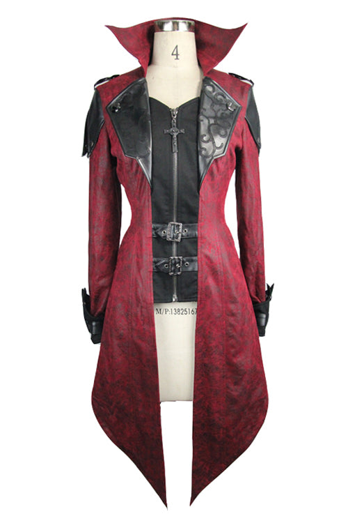 Punk Schwarz Und Rot Applique Damen Mit Kapuze Leder Lange Mäntel