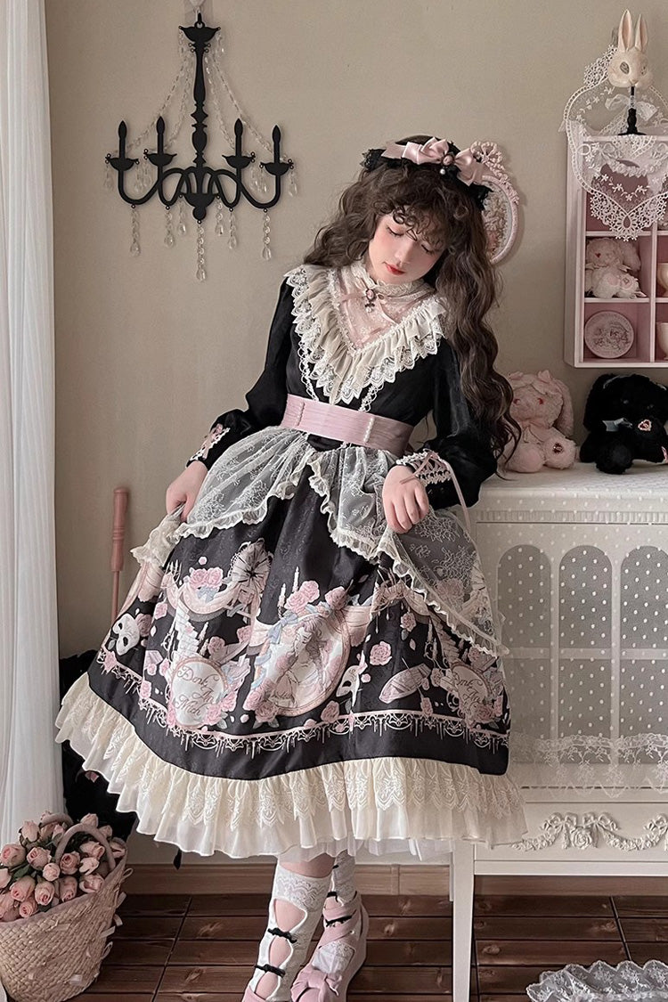 Black Rose Prologue Print Long Sleeves Ruffle Sweet Elegant Lolita Dress