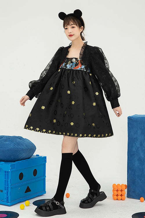 Black Square Neck Organza Print Ruffled Lantern Sleeves High Waisted Sweet Lolita OP Dress