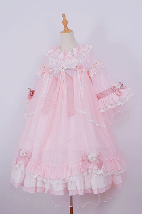 Red Bowknot Trumpet Sleeves Multi-Layer Ruffled Sweet Lolita OP Tiered Dress