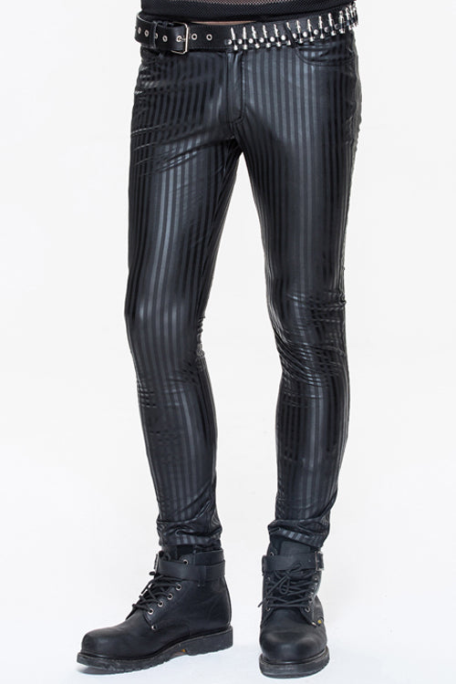 Black Autumn And Winter Vertical Stripes Elastic Punk Leather Mens Pants