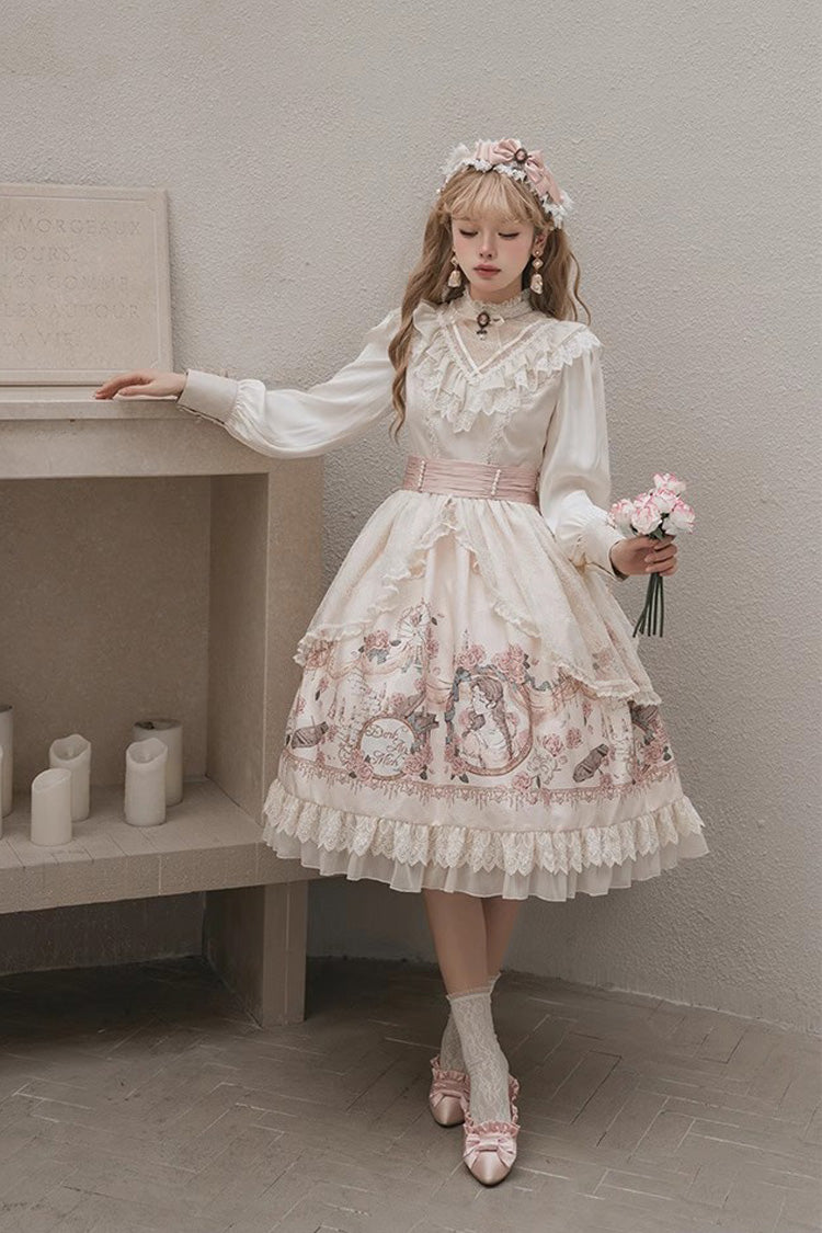 Apricot Rose Prologue Print Long Sleeves Ruffle Sweet Elegant Lolita Dress