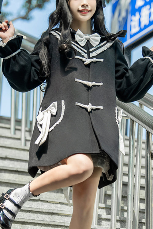 Black Horn Button Suit Collar Lantern Sleeves Back Bow Sweet Lolita Coat