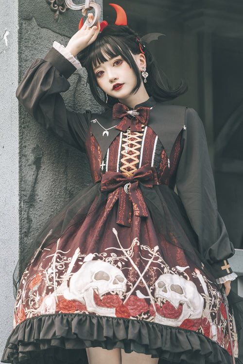 Black/Red Lapel Collar Long Sleeves High Waisted Printed Gothic Lolita OP Dress