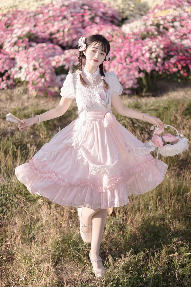 Pink Round Collar Short Sleeves Lace Ruffle Bowknot Sweet Princess Lolita Dress