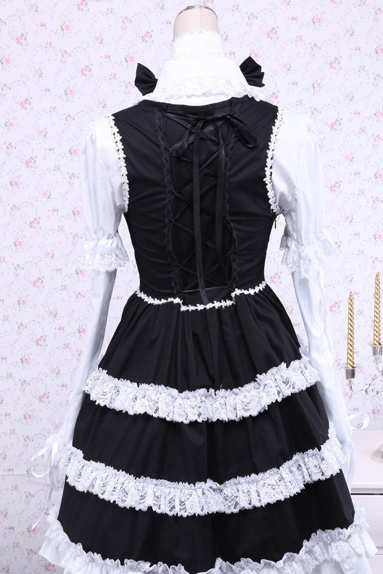 Black/White Cotton Long Sleeves Lace Trim Bowknot Gothic Lolita Dress