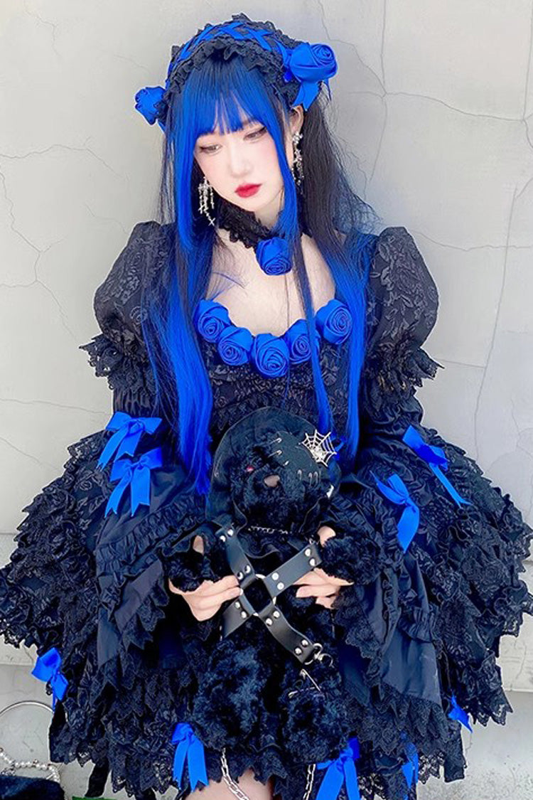 Black/Blue Puff Short Sleeves Princess Gothic Lolita Tiered Dress