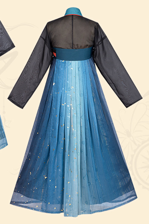 Black/Blue Hot Stamping Embroidered Ancient Flowy Classic Hanfu Dress Full Set