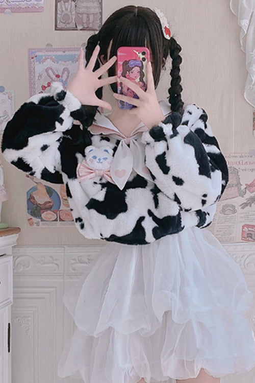 White/Black Round Collar Plush Cow Series Sweet Lolita Coat
