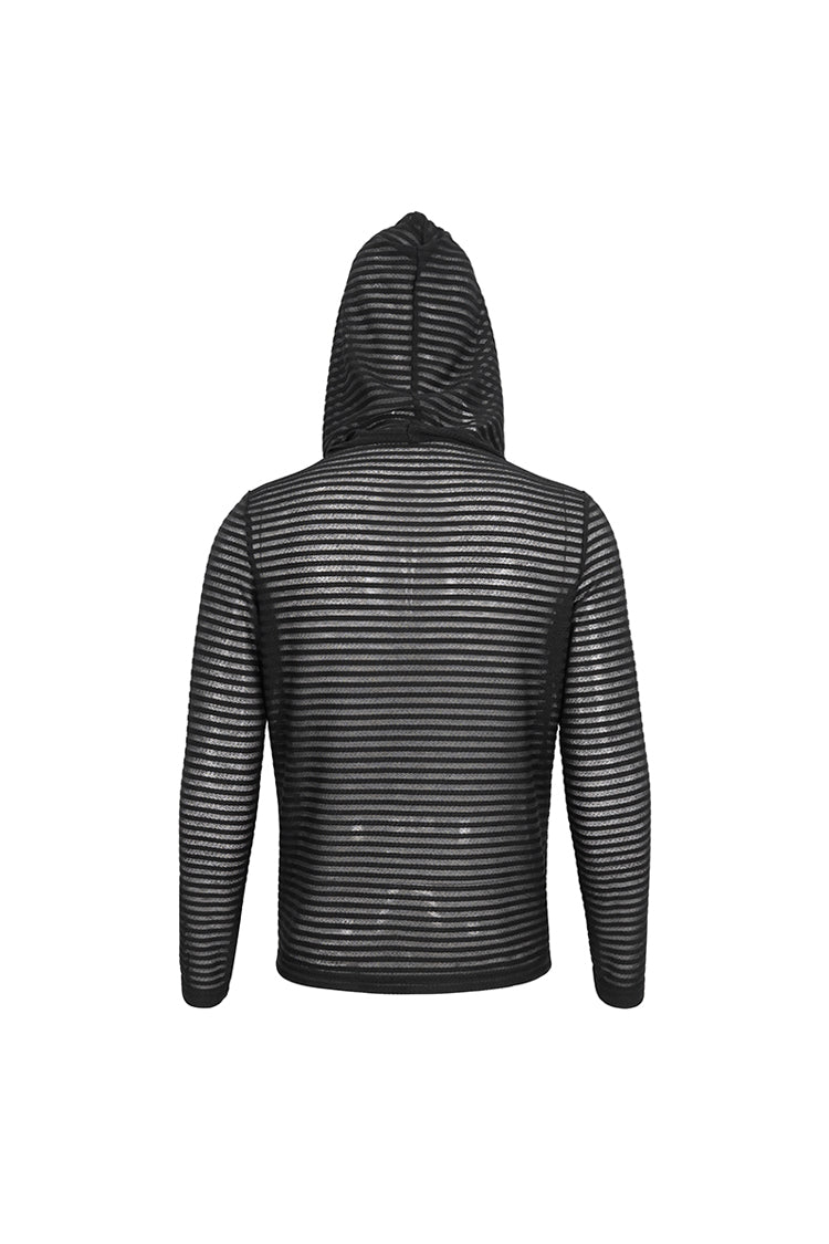 Black Striped Sheer Long Sleeve Men's Punk Sweatshirt Hooded