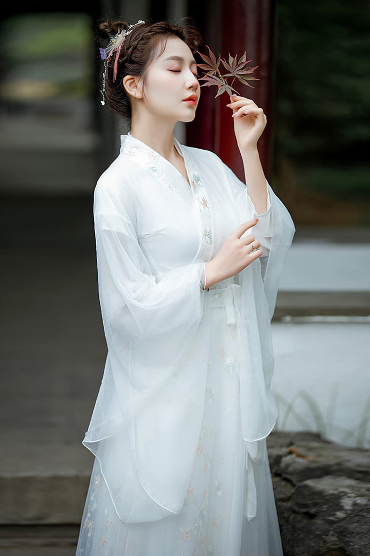 White Chinese Ancient Style Jiangnan Embroidered Sweet Hanfu Dress
