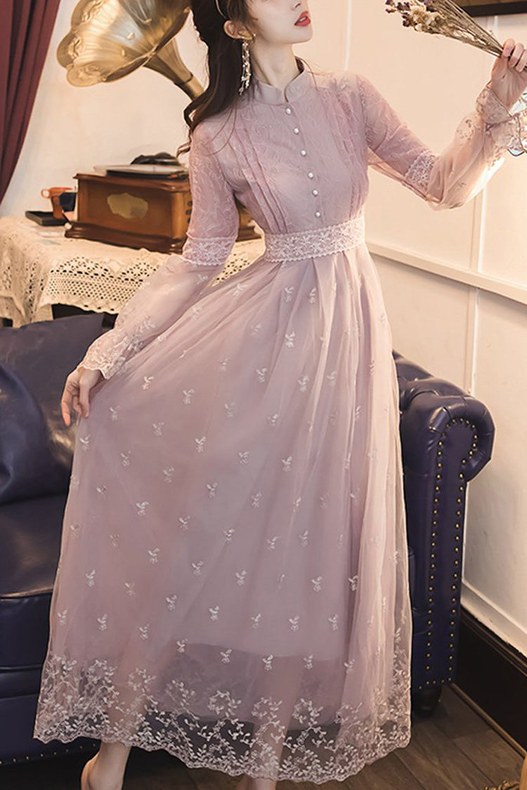 Dream Purple French Retro Lantern Sleeves High Waist Slimming Lace Embroidery Sweet Lolita OP Dress