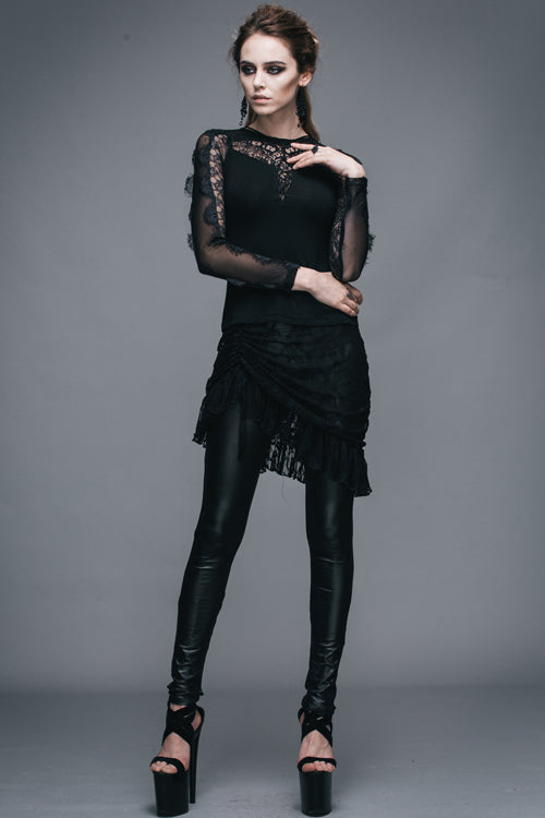 Black Sexy Lace Pattern Long Sleeves Gothic Womens T-Shirt