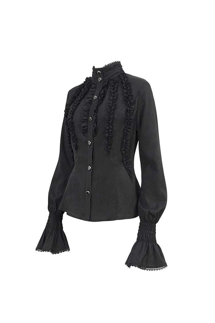 Schwarzes Gothic-Hemd mit Stehkragen und Rüschen und langen Ärmeln für Damen