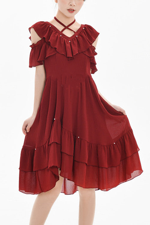 Red Ruffled V Collar Strapless Short Sleeves Dual Purpose High Waisted Long Sweet Lolita Dress
