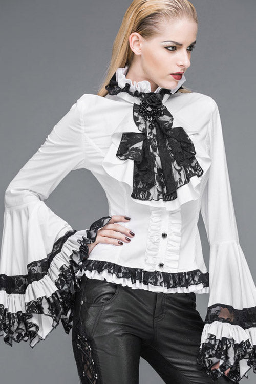 White VintageTrumpet Sleeves Back Bandage Womens Gothic Blouse