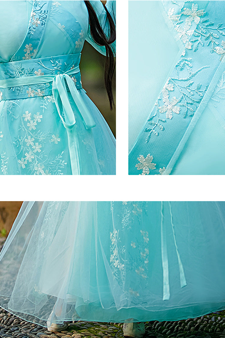 Green Fairy Airy Spring Flower Embroidery Sweet Hanfu Dress