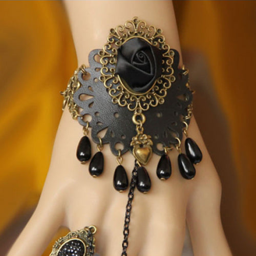 Black Retro Fashion Flower Pearl Female Band Gothic Lolita Ring Bracelet