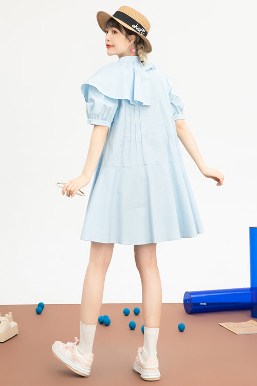 Blue Irregular Ruffled Round Collar Bubble Short Sleeves Waist With Flower Accessories High Waisted Sweet Lolita Dress