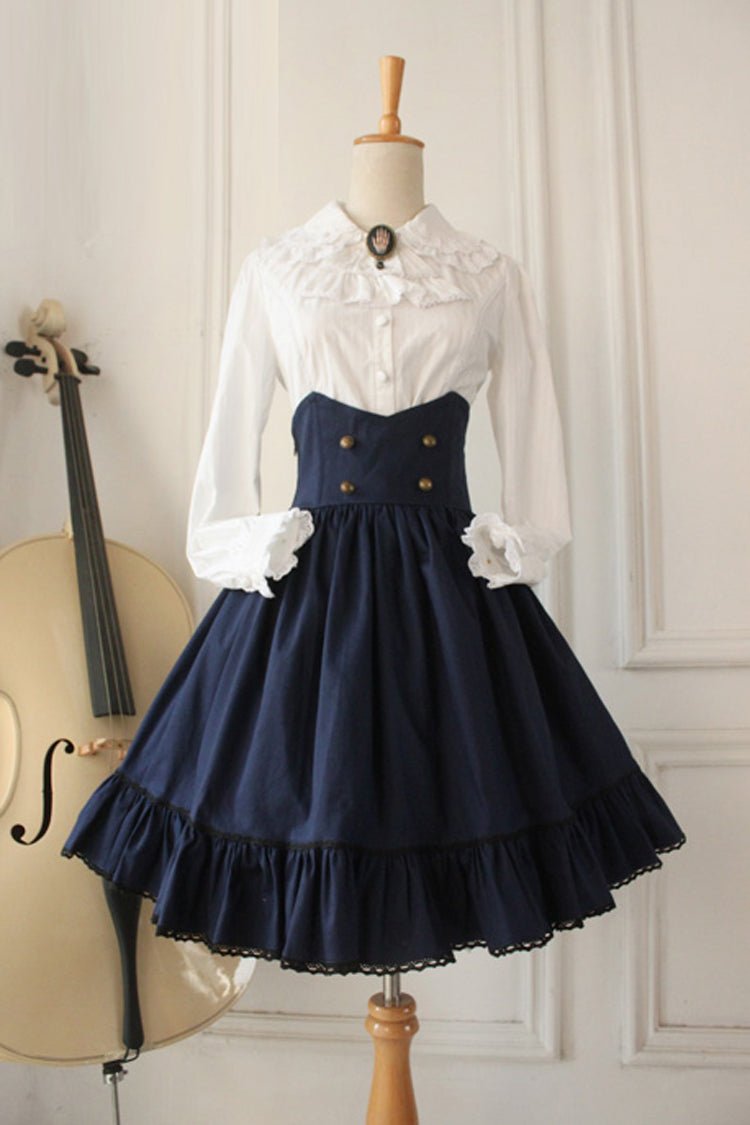 Dark Blue Vintage College Style High Waisted Fishbone Gothic Lolita Skirt Dress