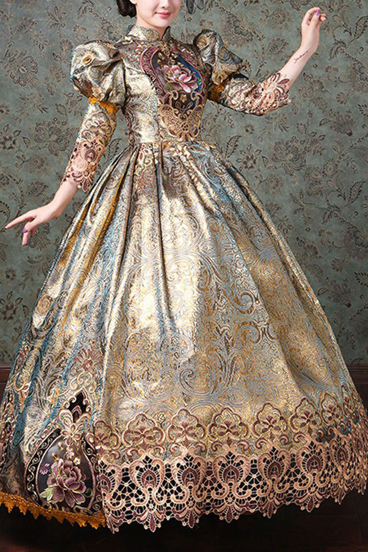 Champagne Half Sleeves High Waisted Hollow Floral Embroidery Victorian Lolita Prom Dress