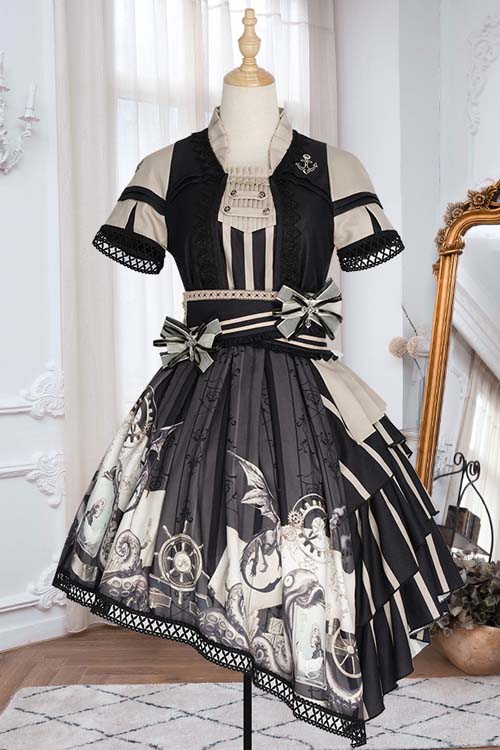 Pirate Boat Series OP Retro Irregular Big Hem Punk Lolita Short Sleeve Dress