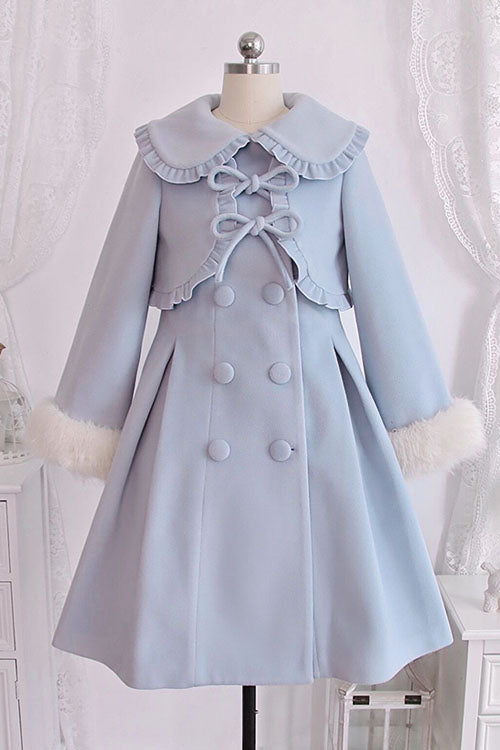 Blue Double Breasted Bowknot Plush Long Sleeves Fake Two-Piece Woolen Lolita Coat