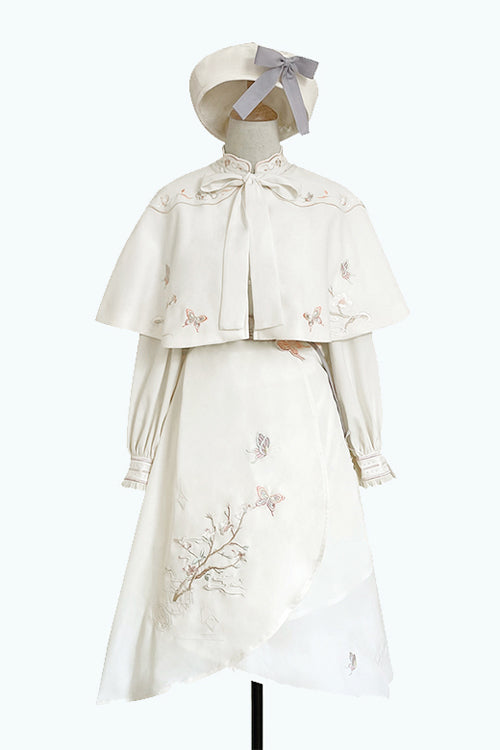 Beige Retro Stand Up Collar Ruffled Lantern Sleeves Butterfly Embroidery Classic Lolita OP Dress Full Set