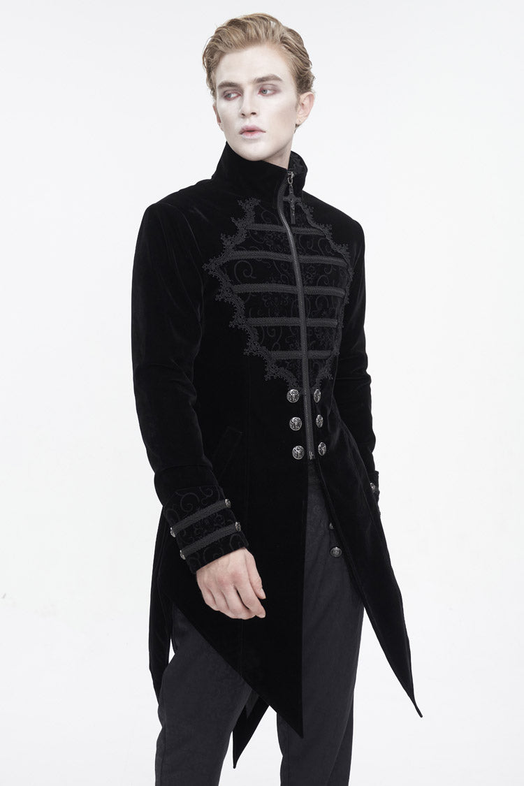Black Stand Collar Lace Splice Swallow Tailed Men's Gothic Coat