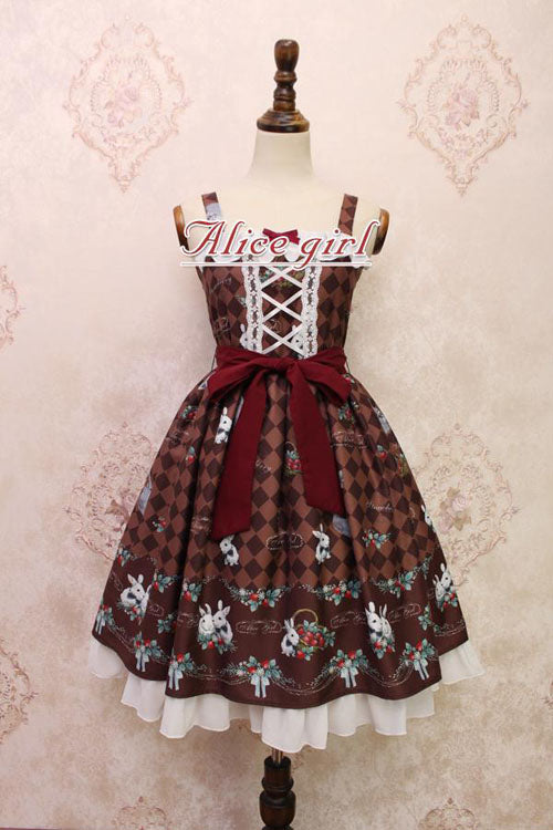 Strawberry Bunny Print Bowknot Ruffled Sweet Lolita JSK Dress 4 Colors