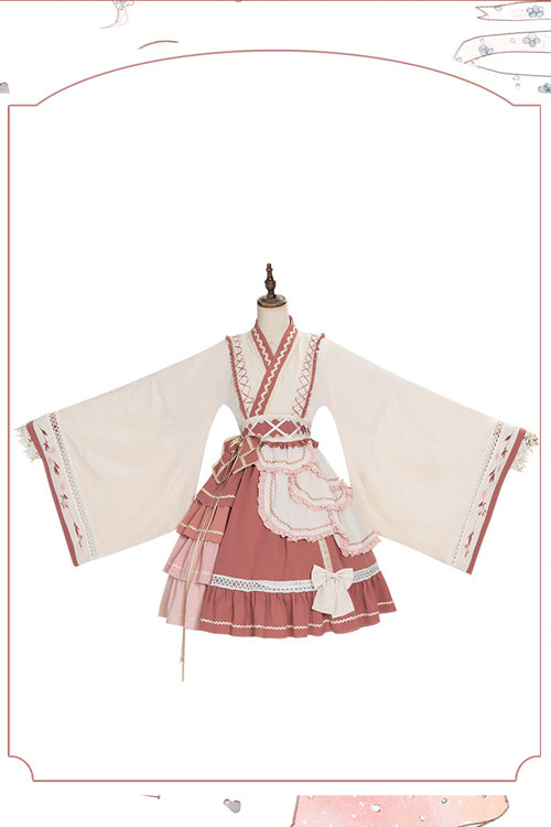Beige/pinkes süßes Lolita OP-Kleid mit weiten Ärmeln, mehrlagigen Rüschen