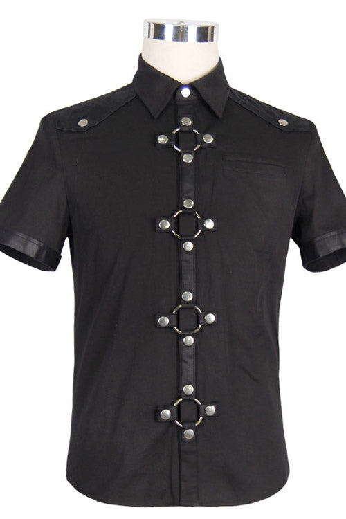 Black Locomotive Lapel Collar Short Sleeves Cotton Mens Punk Blouse