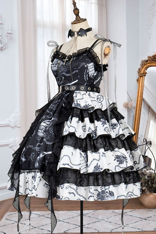Black/White Vampire Diaries Cross Print Contrast Stitching Multi-Layer Ruffled Gothic Lolita Jsk Dress