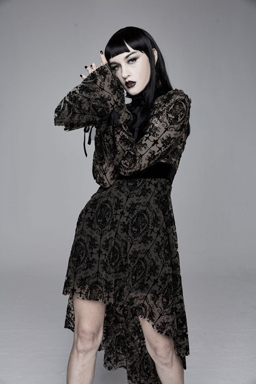 Black Floral Flocking Printed Long Sleeves Velvet With Tie Womens Gothic Dress