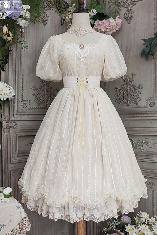 Ivory Elegant Vintage Square Collar Short Sleeves Multi-Layer Ruffled Classic Lolita OP Dress