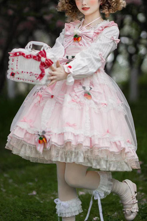 Süßes Lolita OP-Kleid mit mehrlagigem Rüschendetail und Schleife in Rosa mit Erdbeer-Print und rundem Kragen