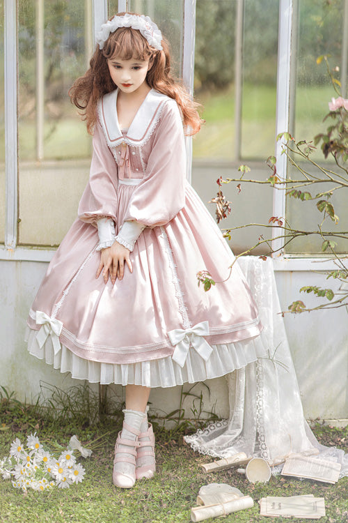 Pink Doll Collar Bowknot Long Sleeves High Waisted Ruffled Sweet Lolita OP Dress